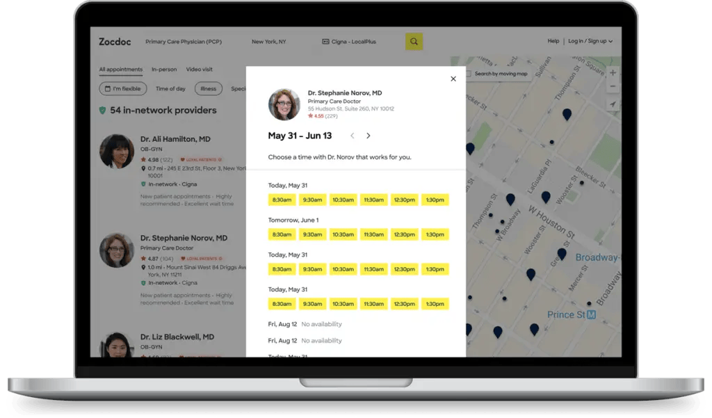 Zocdoc interface used in med spa online appointment scheduling
